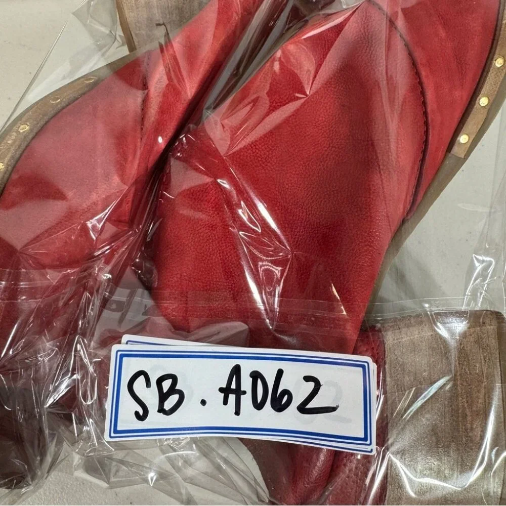 AS98 Red Leather Peep Toe Mules Size 38 Block Heel Boho Hippie Lagenlook - Picture 16 of 16